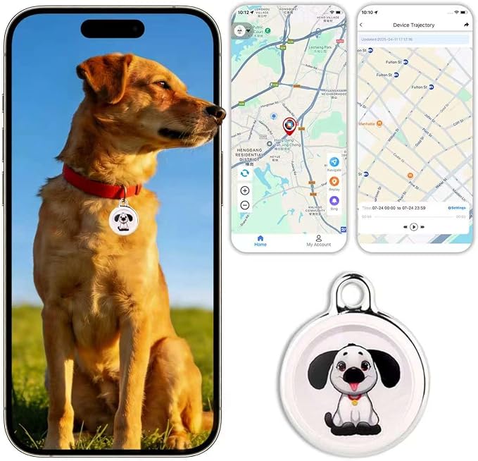 GPS Pet Tracker for Dogs & Cats, No SIM Card or Monthly Fees, iOS & Android | 1-Minute Location Updates, 1-Year Replaceable Battery, IPX7 Waterproof Design with Built-In Attachment Loop