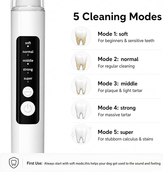 Puffluv Pet Teeth Cleaning Kit with LED Light, Electric Dental Cleaner for Dogs & Cats, 5 Adjustable Modes, Tartar & Stain Care Tool (White)