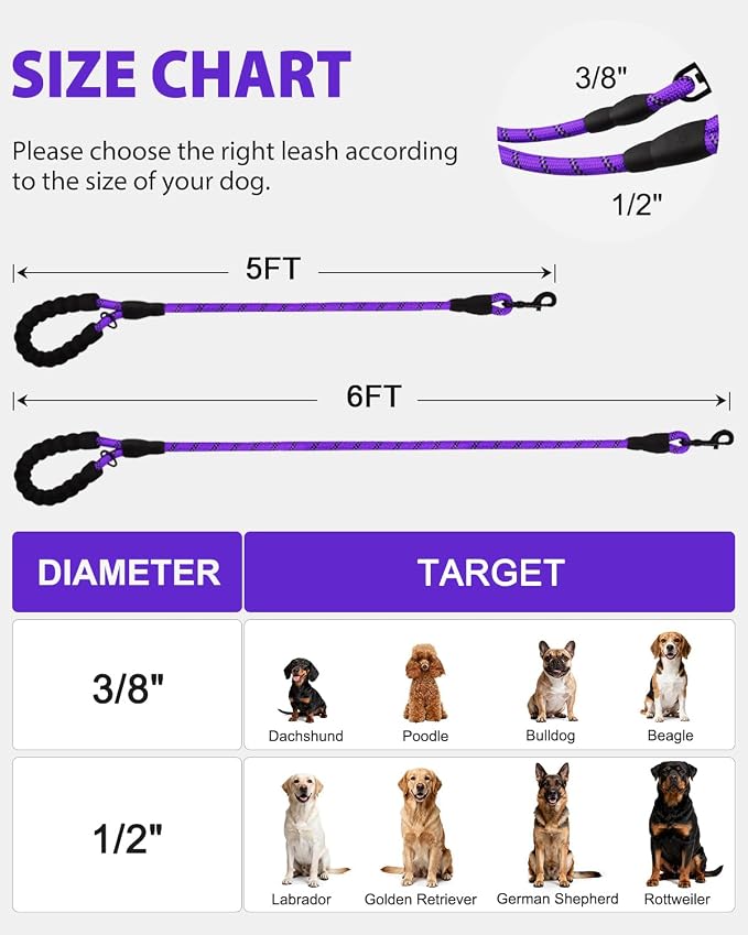 Joytale Rope Dog Leash for Medium Large Dogs, Padded Handle, 5FT, Purple | Reinforced Nylon Webbing, Comfort Grip Eases Hand Strain, Swivel Clip Prevents Tangles, Visible at Night, for Outdoor Walks
