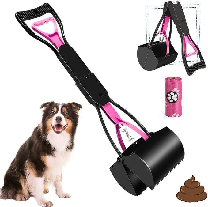 Pooper Picker - No Touch Dog Pooper Picker with Eco-Friendly Poop Bag | Pooper Scooper with Long Handle Durable Spring & Lightweight | Non-Breakable Pet Scooper for Lawn/Grass (Pink)