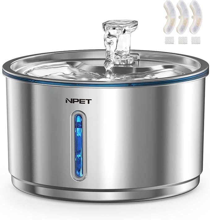 NPET Stainless Steel Cat Water Fountain, 1Gallon/135oz Automatic Pet Drinking Fountain Dog Water Dispenser with 3 Replacement Filters for Cats Indoor