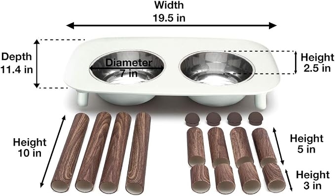 Messy Mutts Elevated Double Dog Feeder, Adjustable Height, Faux Wood | Adjustable-Height Elevated Double Dog Feeder With Two 5 Cup Stainless Bowls, Legs Set To 3, 5, Or 10 Inches