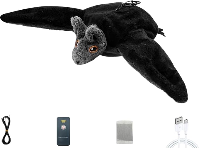 Halloween Interactive Flapping Bat Dog Toy, Motion Activated Rechargeable Plush Toy with Moving Wings for Bored Dogs, Cats (Black)