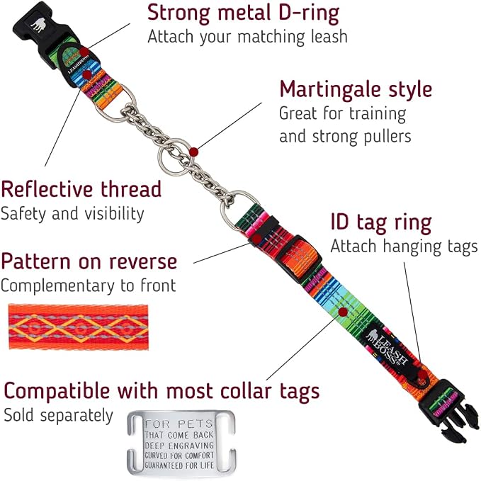 Leash Boss Chain Martingale Patterned Reflective Collar and 6 Ft Double Handle Leash with Padded Handles, Large Collar 19-24.5" Neck, Orange Blanket Pattern