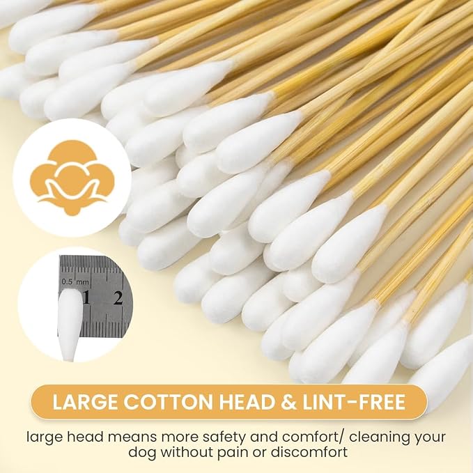 100 PCS Large Cotton Swabs with Storage Box - 6 Inch Dog Ear Swabs with Bamboo Handle for Pet Cleaning - Soft Cotton Head, Gentle and Lint-Free, Specific for Pets, Dog Ear Cleaner Tool