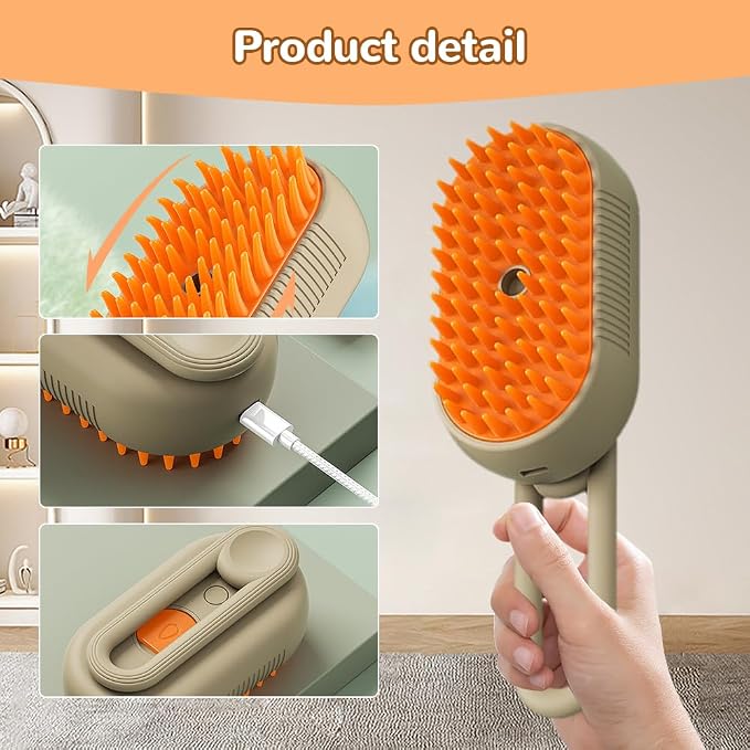 2026 New Cat Steam Brush, 3 in 1 Pet Steam Groomer Comb, Rechargeable Pet Steam Groomer Brush for Massaging and Cleaning Shedding Pets Hair, Anti-Static Hair Removal Comb for Cats Dogs (Khaki+White)