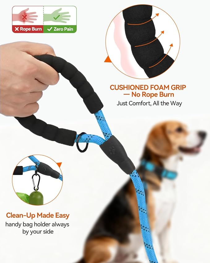 Joytale Rope Dog Leash for Small Dogs, Padded Handle, 6FT, Aqua Blue | Reinforced Nylon Webbing, Comfort Grip Eases Hand Strain, Swivel Clip Prevents Tangles, Visible at Night, for Outdoor Walks