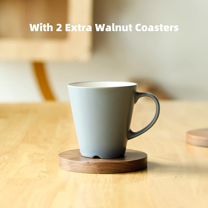 FUKUMARU Elevated Cat Ceramic Bowls, Small Dog 15° Tilted Raised Food Feeding Dishes, Solid Walnut Water Stand Feeder Set for Cats and Puppy