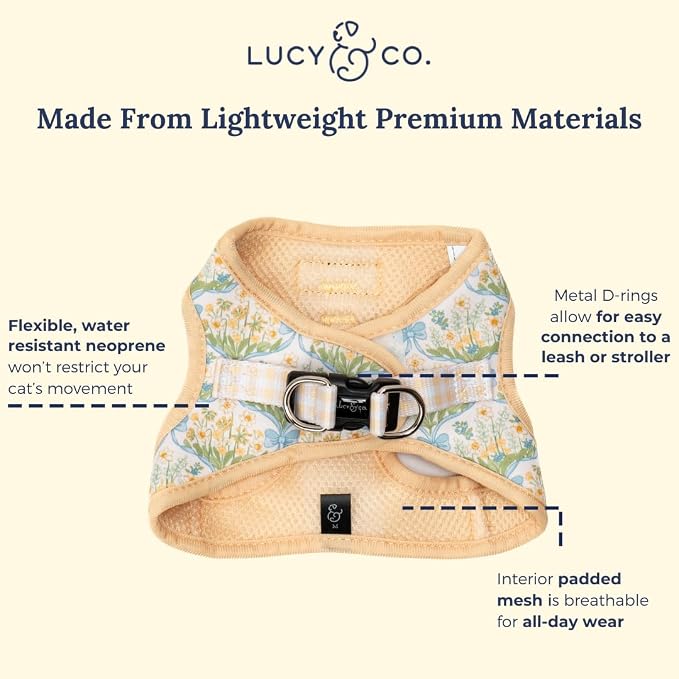 Lucy & Co. Sunshine and Daffodils Step-in Cat Harness and Leash Set Bundle, Escape Resistant Comfort Fit, Medium