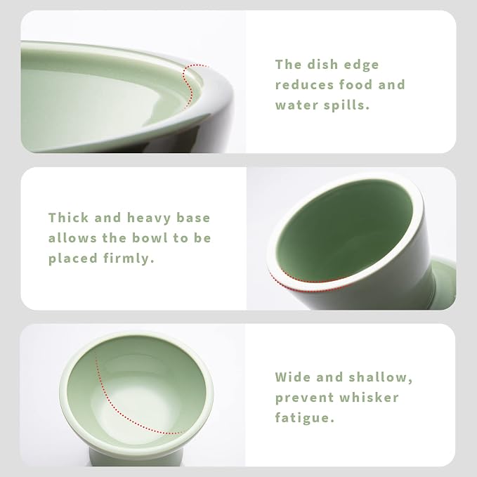 CEEFU 2 Elevated Ceramic Cat Bowls Upgraded with Food Mat, Extra Wide for Food & Water – Whisker Fatigue Shallow Food Dish, Lead & Cadmium-Free, Raised Height for Cats, Sage Green