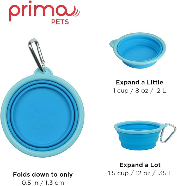 Prima Pet Expandable Collapsible Silicone Bowl with Clip, 1.5 Cups, Aqua