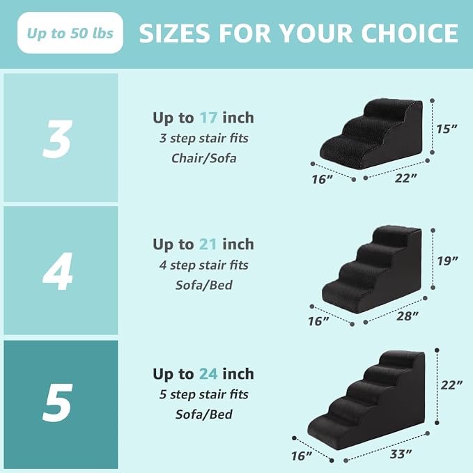 Oiilores Dog Stairs for Small Dogs 19" H, 4-Step Dog Steps Ramp for High Beds and Couch with Anti-Slip Washable Cover and Durable High Density Foam, Pet Stairs for Cats, Black