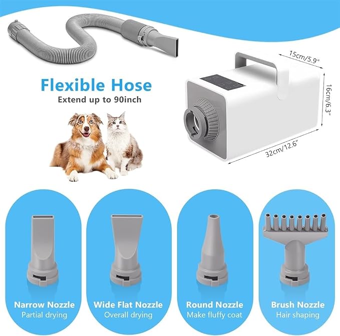 Pet Hair Dryer, 3200W Stepless Adjustable Speed Cat Dog Hair Dryer LCD Pet Grooming Vacuum Dog Grooming Blower Heater Mute