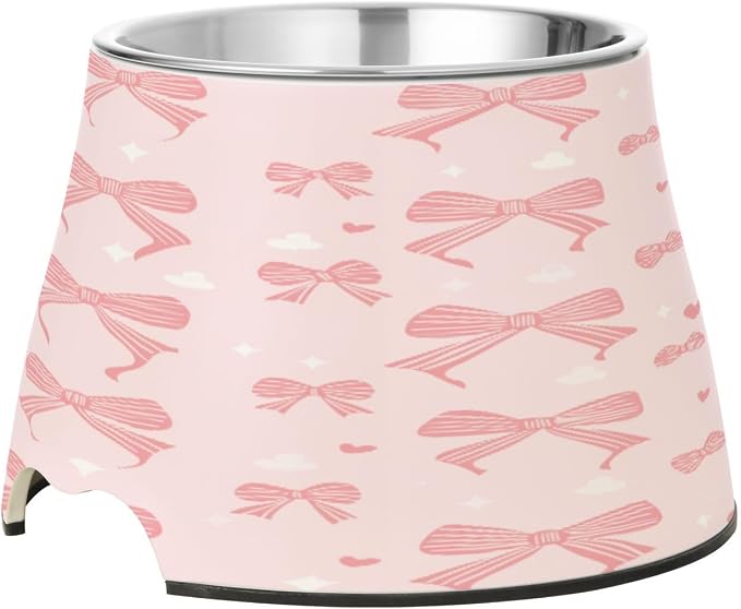 Blueangle Elevated Dog Bowls with Stainless Steel - Non-Slip 2.3 Cup High Capacity Pet Dish for Spinal Health & Ribbon Bow Design（161）