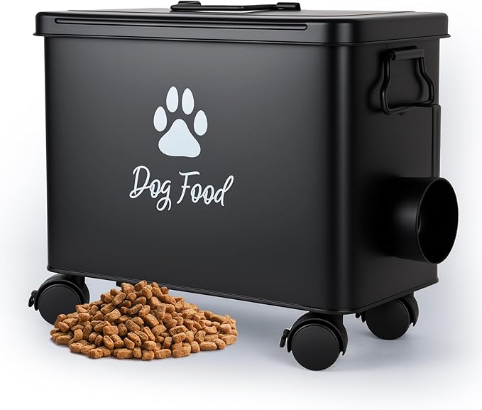 Dog Food Container 13lb, The storage container for small and medium-sized dog and cat food measures 13 inches (length) x 7.1 inches (width) x 11 inches (height), with enough space to hold 13 pounds of pet favorite dry food., 13lb, Metal, Black-L