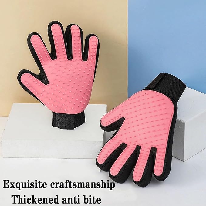 Pet Grooming Gloves Cat Brushes Gloves，Gentle Brush for Cats, Dogs, and Horses,Comes with a Comb (Pink A pair)