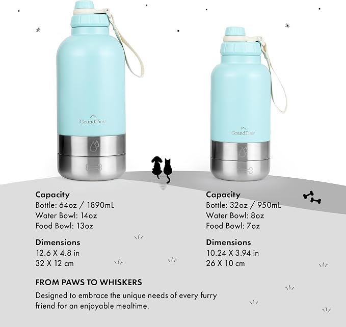 GrandTies Insulated Portable Dog Water Bottle with 2 Detachable Bowls, 32oz, Powder Green