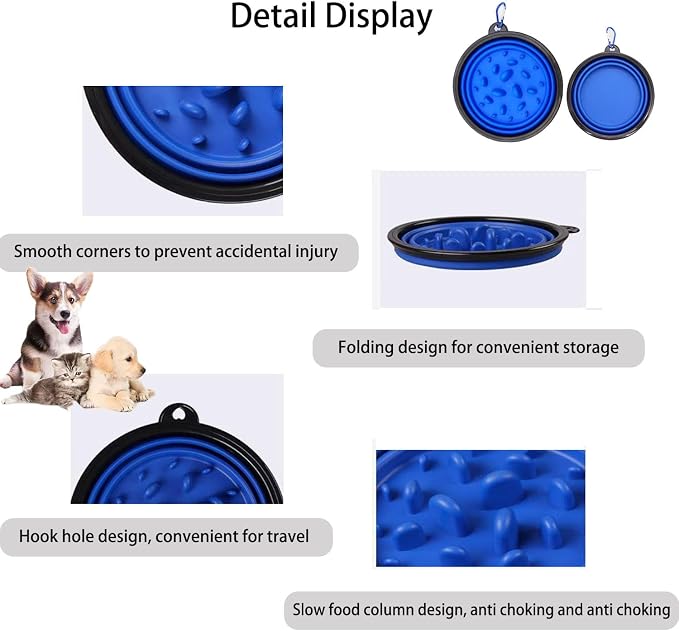 Pet Blue Collapsible Double Bowl Set, Slow Feeder, Blue