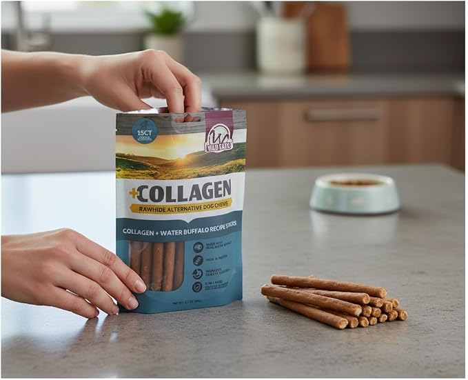 Wild Eats Water Buffalo Collagen Sticks for Dogs (15 Pack, 1 cm Wide) Long Lasting Dog Chews, No Hide Dog Treat Bully Stick Alternative, Rawhide Free, Grain Free, High Protein