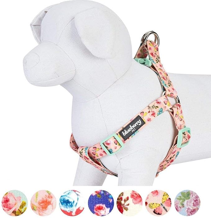 Blueberry Pet 9 Patterns Step-in Spring Scent Inspired Rose and Butterfly Print Pastel Pink Dog Harness, Chest Girth 16.5" - 21.5", Small, Adjustable Harnesses for Dogs