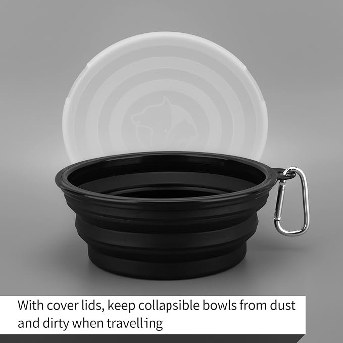 SLSON Collapsible Dog Bowls with Lids, 2 Pack, Black and Black, Large