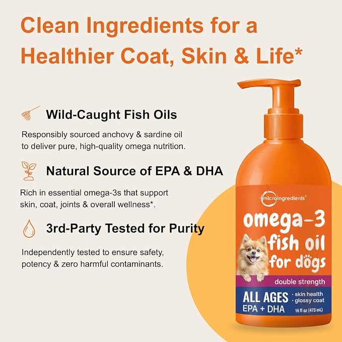 Micro Ingredients Omega-3 Fish Oil for Dogs & Cats, 16 fl oz | Supports Healthy Skin & Shiny Coats* | Liquid EPA & DHA Formula | Wild-Caught Fish Source | Easy-Pump Dispenser | Non-GMO & Pet Friendly
