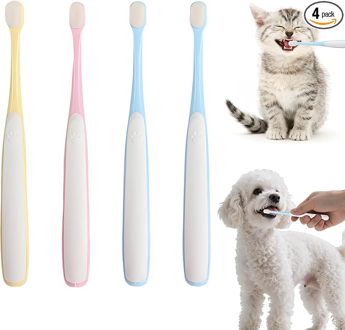 Pet Toothbrush Set for Small Dogs and Cats, 4 Pack Micro Head with Soft Bristles