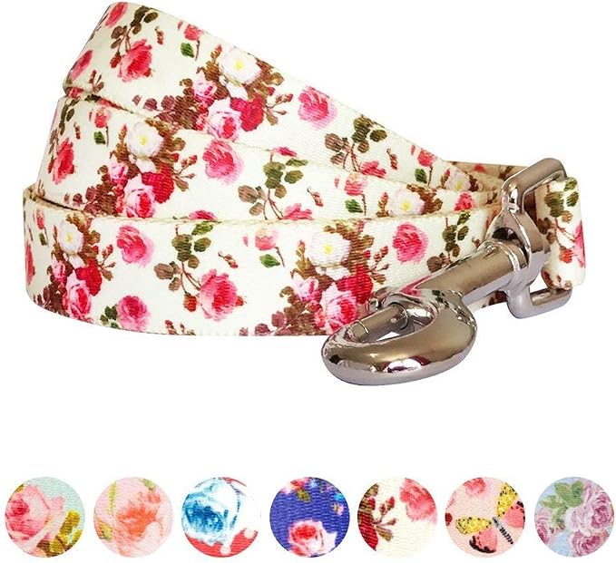 Blueberry Pet 9 Patterns Durable Spring Scent Inspired Pink Rose Print Ivory Dog Leash 5 ft x 5/8", Small, Leashes for Dogs