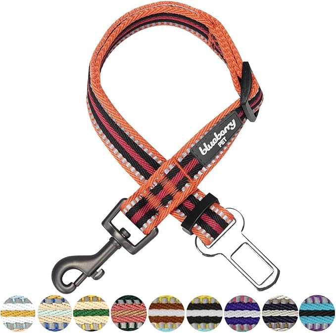 Blueberry Pet 6 Colors 3M Reflective Multi-Colored Stripe Adjustable Dog Seat Belt Tether for Dogs Cats, Orange and Black, Durable Safety Car Vehicle Seatbelts Leads Use with Harness