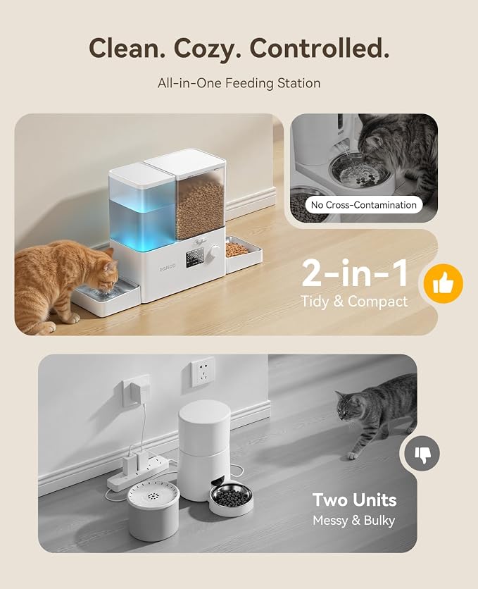 ROJECO Automatic Cat Feeder and Water Dispenser,36Cups/8.5L 2-in-1 Stainless Steel Bowls Large Capacity Cat Food Dispenser and Gravity Water Fountain for Cats Small Dogs Puppies Kittens Pets