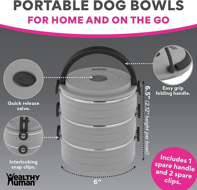 Healthy Human Travel Pet Bento Bowls, 3 Pack, Gray