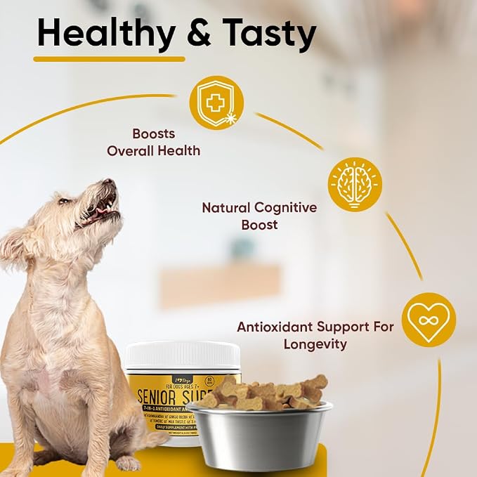 iHeartDogs Senior Super 7 Dog Multivitamin with Probiotics, 60 Chews | Anti-Aging with Antioxidants, Probiotics, Lion's Mane, Turkey Tail, Ashwagandha, Supports Longevity & Cognitive Boost