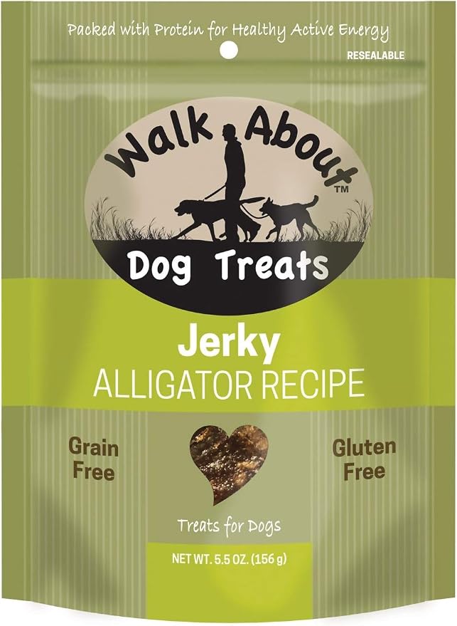 Walk About Pet, WA10016, Dog Jerky Treats, Grain-Free, Gluten-Free, Single Source Protein, Alligator Recipe, Resealable Pouch, 5.5 Ounces