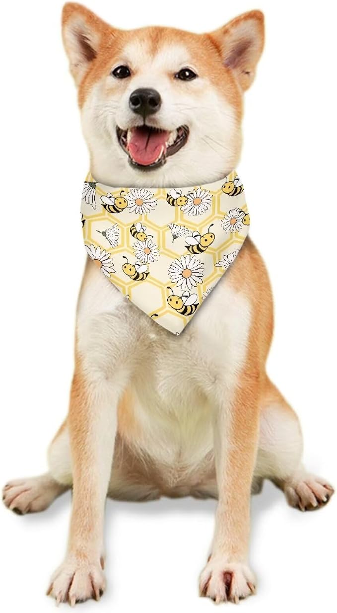 Forchrinse Bee Daisy Triangle Bandana for Dog Cat Pet, Medium, Polyester, Bee Daisy Print