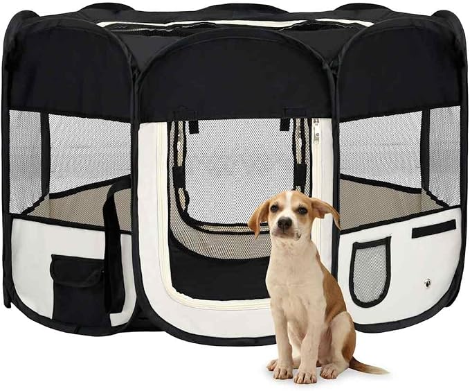 Foldable Dog Playpen with Carrying Bag, 43.3x43.3x22.8 Inches, Black Steel Frame for Indoor Outdoor Use