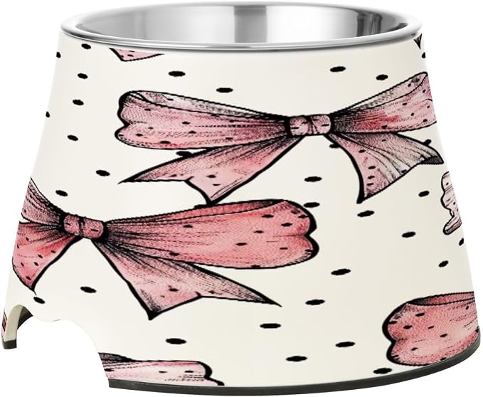 YETTASBIN Bow Pink Elevated Dog Bowls, Prevention of Vertebrae Disease Raised Dog & Cat Bowl Stand with Removable Stainless Steel Bowls, Non-Slip Spill-Proof Pet Food & Water Bowl Dish