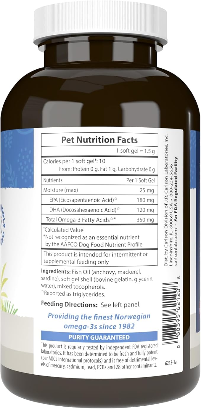 Carlson Omega-3 Fish Oil Soft Gels for Dogs, Supports Skin & Coat, Joint & Heart Health, Dog Supplement, 240 Soft Gels