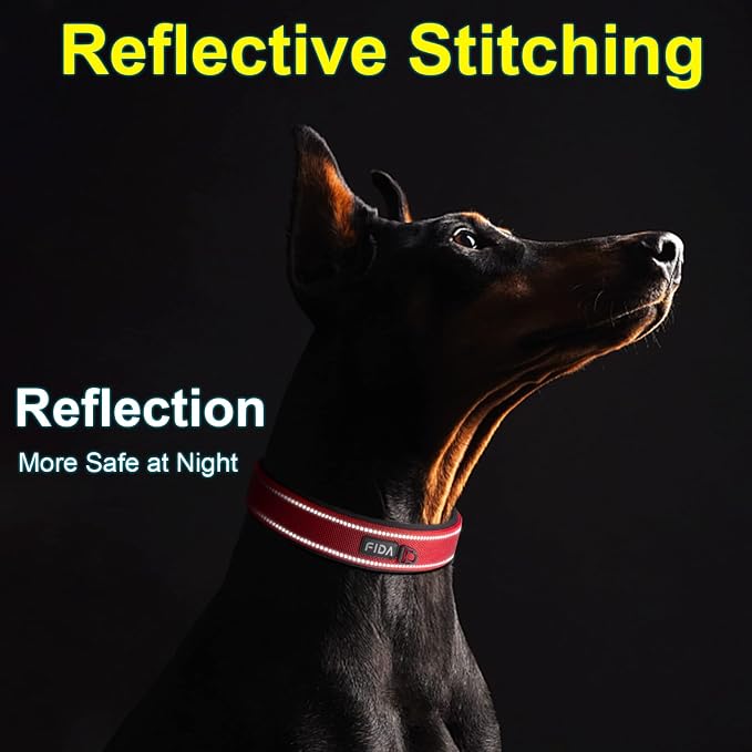 Fida Heavy Duty Dog Collar for Large Dogs with Metal Belt Buckle, Red | 1.5" Width, Soft Neoprene Padded, Thicker Nylon Webbing, Adjustable Fit, Reflective Stitching for Night Safety