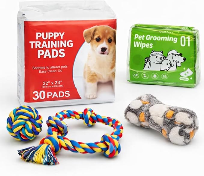 Dog Training Starter Kit with Puppy Pads, Grooming Wipes, Rope Toy & Scent Blanket
