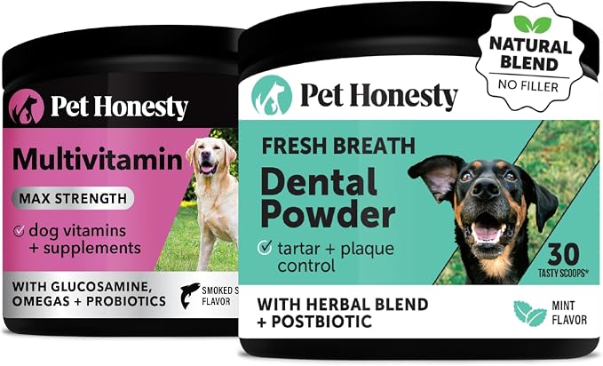 Dog Multivitamin Max Strength + Dental Powder Virtual Bundle for Teeth Cleaning & Plaque Removal, 15 in 1 Health Supplement for Skin, Coat, and Immune Support