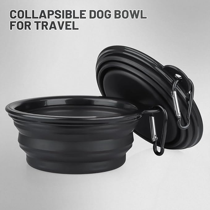 Dog Bowl Collapsible, 2 Pack, with Carabiners, Small, Black+Black