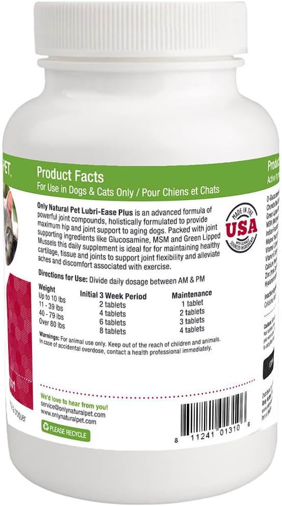 Only Natural Pet Lubri-Ease Plus Advanced Hip & Joint Supplement Glucosamine, Chondroitin & MSM Formula for Dogs and Cats - 90 Chewable Tablets