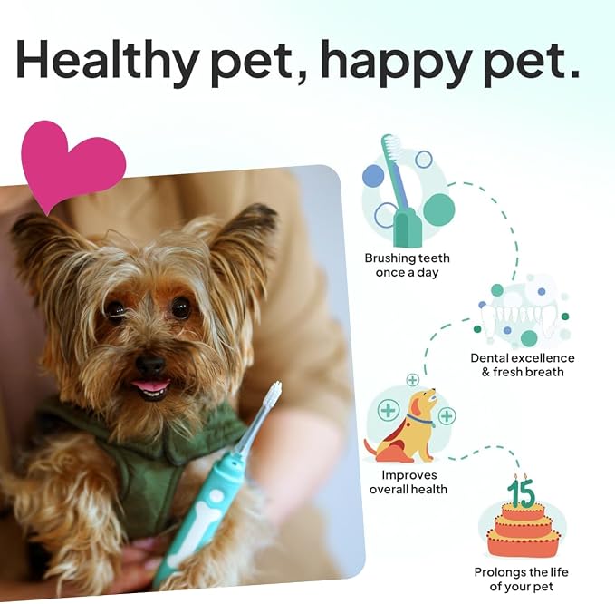 Electric Dog Toothbrush Small | Silent and Vibration-Free | Vet-Developed Electrolytic Technology | No Toothpaste Needed | Built-in Timer and App | Small Brush Head for Dogs Under 22 lbs