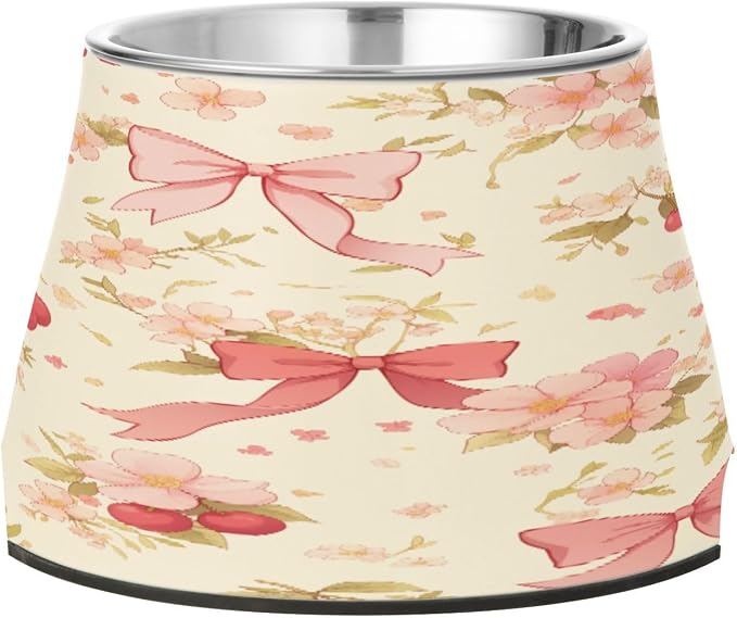 Blueangle Elevated Dog Bowls with Stainless Steel - Non-Slip 2.3 Cup High Capacity Pet Dish for Spinal Health & Cherry with Bow Design（12）