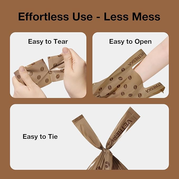 VETRESKA Dog Poop Bags with Handles 120 Count, Coffee Scented Waste Bags, Leak-Proof Thick Dog Bags for Poop, Easy-Tie Large Poop Bags, 8 Refill Rolls for Dog Walking Cat Litter