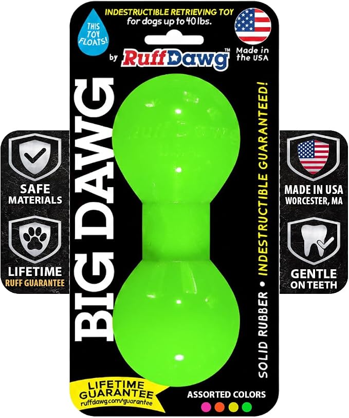 Ruff Dawg Big Dawg Barbell Medium Green – Heavy-Duty Solid Rubber Dog Chew Toy for Small to Medium Dogs Under 40 lbs – Floats & Bounces – Made in USA