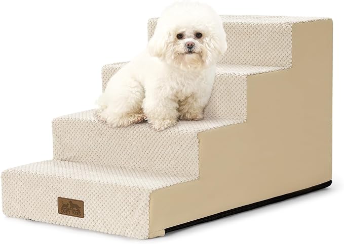 COZY KISS Dog Stairs for Small Dogs, 4 Step Pet Stairs for Beds & Couches | 15.7" H Non-Slip Dog Steps for Bed & Sofa, Gentle Incline for Puppies, Senior Cats, and Small Dogs, 15.7x23.6x15.7 in, Beige