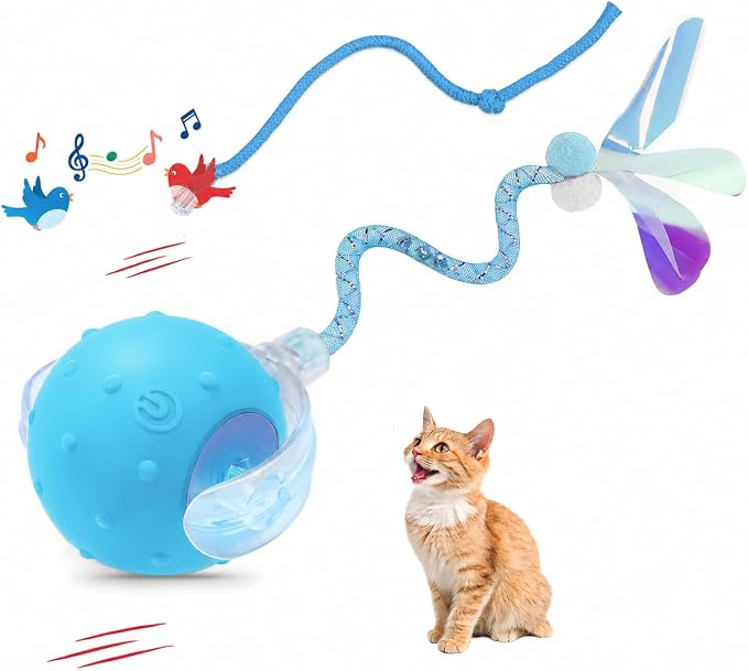 Interactive Automatic Cat Toy Ball-USB Rechargeable，Motion Activated Toy | Interactive Mode, 2 Speeds Mode, 2 Tails, Long Battery Life, Chirping, for Indoor Cats, Kitten, Works on Floor Tile Carpets
