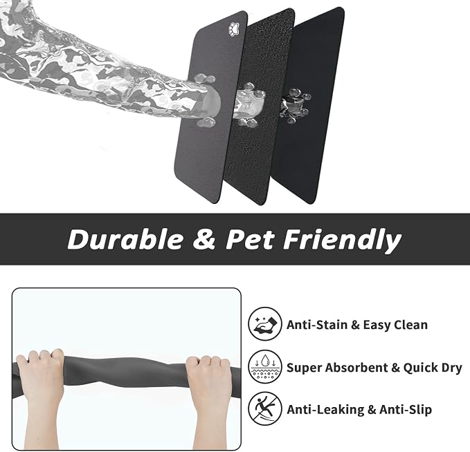 HotLive Dog Food Mat - Absorbent Cat Mat for Food and Water, No Stains Pet Feeding Bowl Mat, Easy to Clean Pet Placemats, Quick Dry Dog Water Dispenser Mat for Messy Drinkers | Paw Dark Grey 12"x 19"