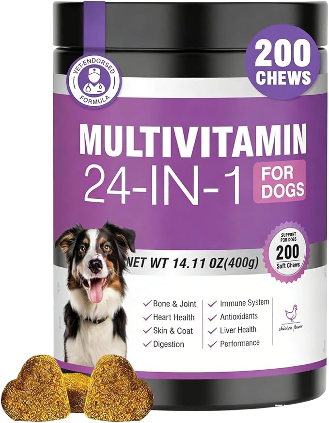 24-in-1 Dog Vitamins and Supplements, Dog Multivitamin Chewable with Glucosamine, Chondroitin, Probiotics & Omega 3 for Skin and Coat, Hip and Joint, Gut and Immune Support, 200 Chews